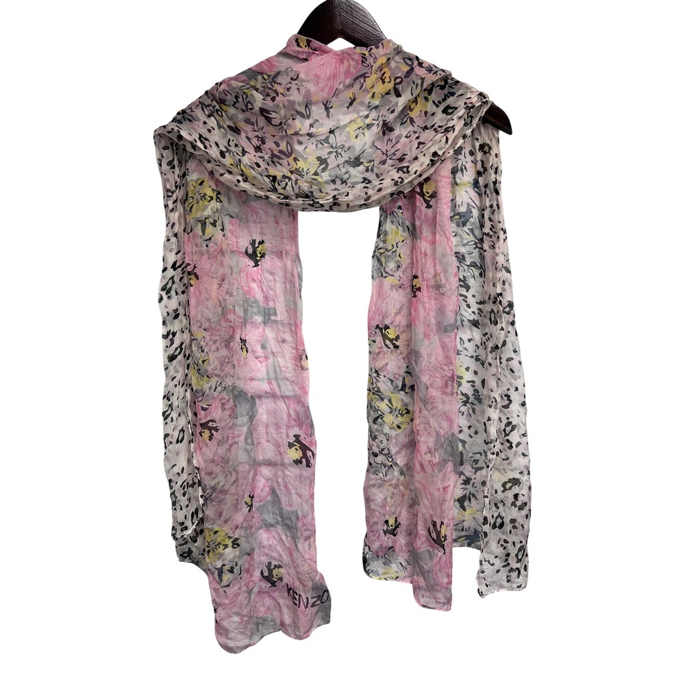 Kenzo Floral Leopard Silk Scarf Womens OS Pink Excellent Made in Italy Chiffon